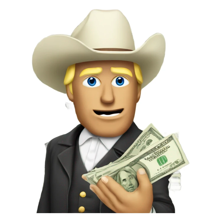 Trump wears cowboy hat holding many dollars on his hand sticker