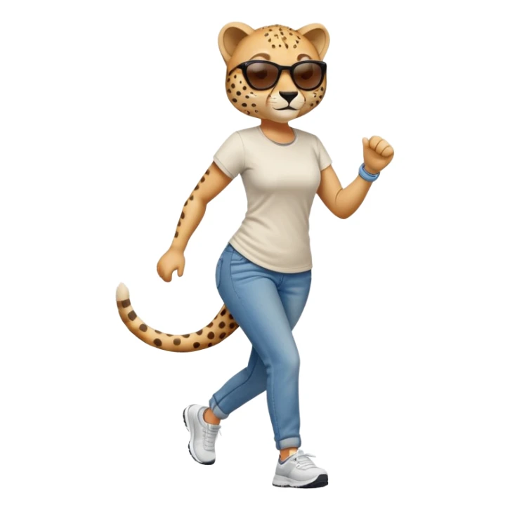 friendly anthropomorphised female cheetah in jeans and t-shirt, wearing dark sunglasses, jogging upright in standard pose sticker
