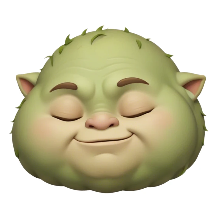 Meme-Worthy Cute Sleeping Ogre Portrait Emoji, with a surprisingly endearing, plump figure in soft earthy greens and browns, head drooping gently with closed, relaxed eyes and a content, sleepy grin, simplified yet adorably detailed, glowing with a soft warm outline that captures the peaceful slumber of a friendly ogre after a day of gentle mischief! sticker