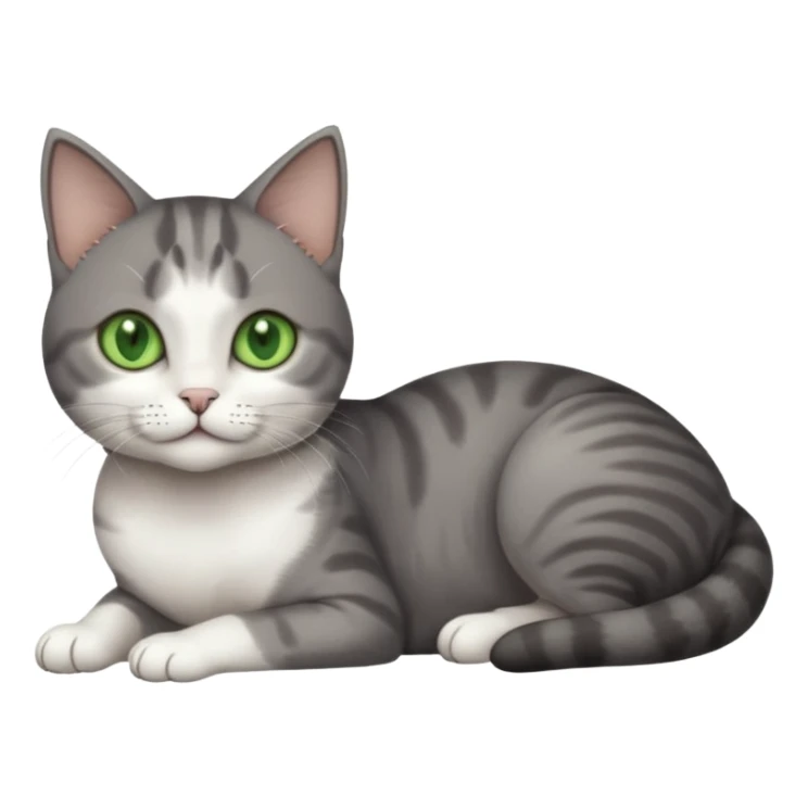 full body tiny short hair dark grey and white cat with white front legs and green  eyes lying down sticker