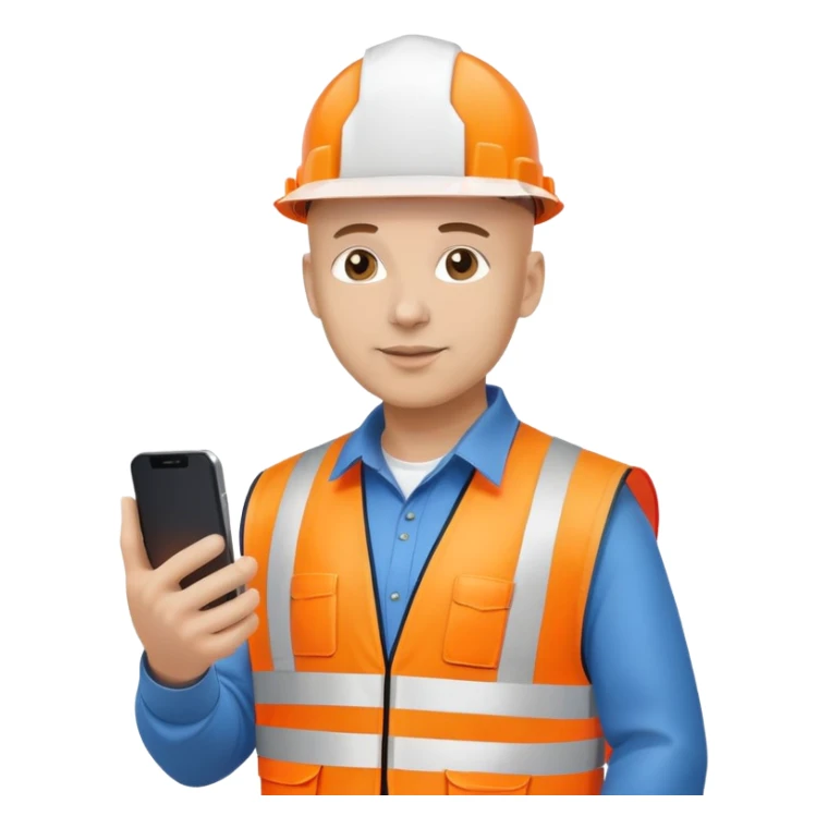 Bald Telecoms engineer in orange hi vis with white hard hat and phone sticker
