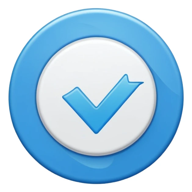 A bright blue circular badge with soft, wavy edges (like a seal or award ribbon). In the center, there is a white check mark (✓) tilted slightly to the right. The design feels clean, modern, and official, symbolizing verified, trusted, approved, or authentic status. sticker