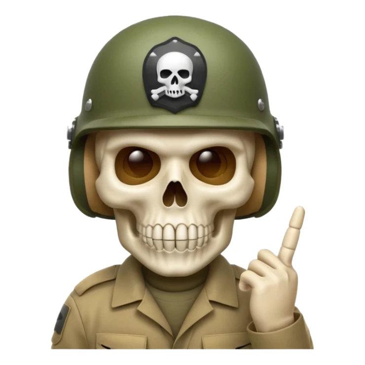 A bold emoji-style white skull wearing a realistic modern army helmet, making a shushing gesture (index finger bone held up to mouth area). Clean vector style,modern emoji aesthetic.The helmet has detailed realistic texture. No body, just the skull and helmet sticker
