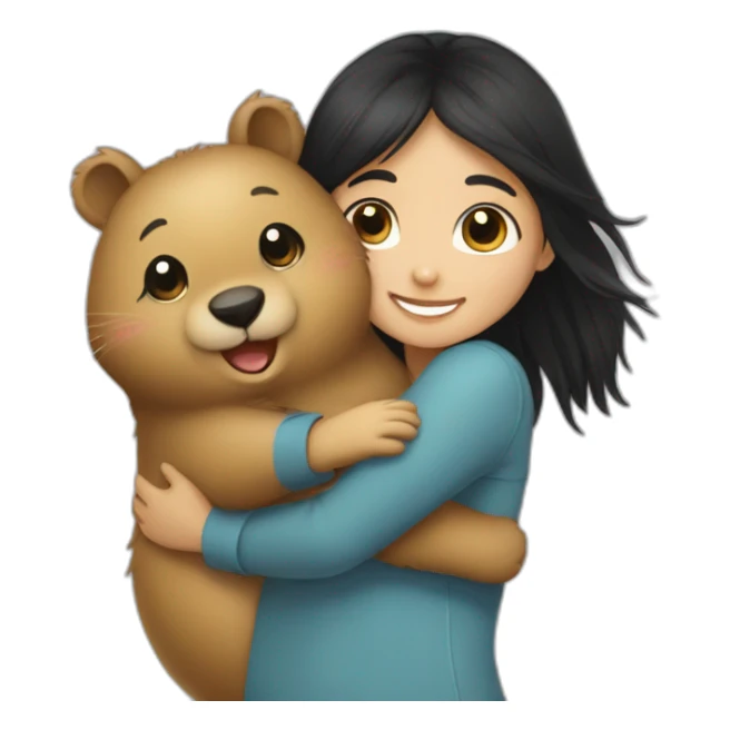happy-girl-who-is-black-hair-and-hugging-happy-quokka sticker