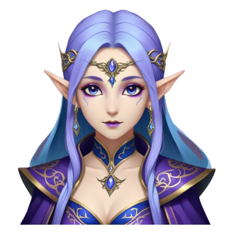 Cinematic Realistic WoW Elf Mage Portrait, depicted with ethereal, otherworldly beauty and refined arcane mastery. Clad in an intricately detailed robe in consistent deep blues and purples accented with shimmering gold filigree, her luminous, porcelain-like skin and delicate features evoke timeless elegance. Her piercing, mystical eyes radiate ancient wisdom, rendered with lifelike texture and subtle, magical lighting, high shine, noble and majestic, capturing the essence of a legendary elven sorceress. sticker