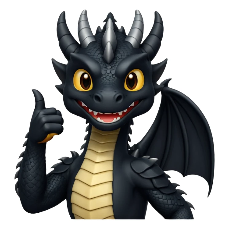fully black dragon with white background and holding a talon up as a thumbs up…. Smiling at the screen close up. sticker