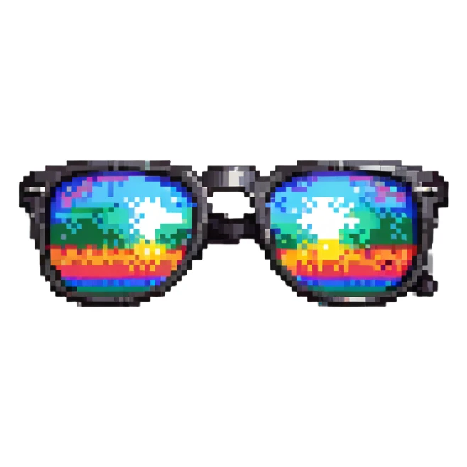Y2K style pixelated sunglasses with reflective lenses, chrome frames, digital millennium aesthetic sticker