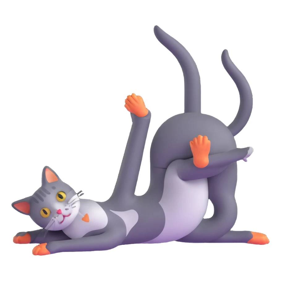 cat doing pigeon yoga pose with one leg bent in front and one leg stretched behind sticker