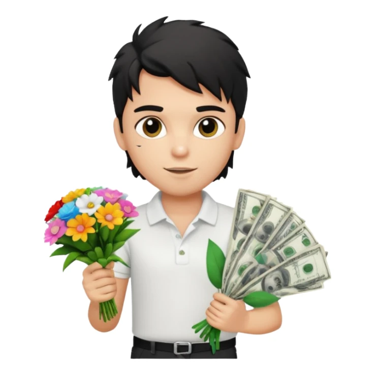 generate a pretty fair bratz boy with a messy mullet (black hair), wearing a white polo.  carrying a bouquet made of money. expensive car behind him sticker