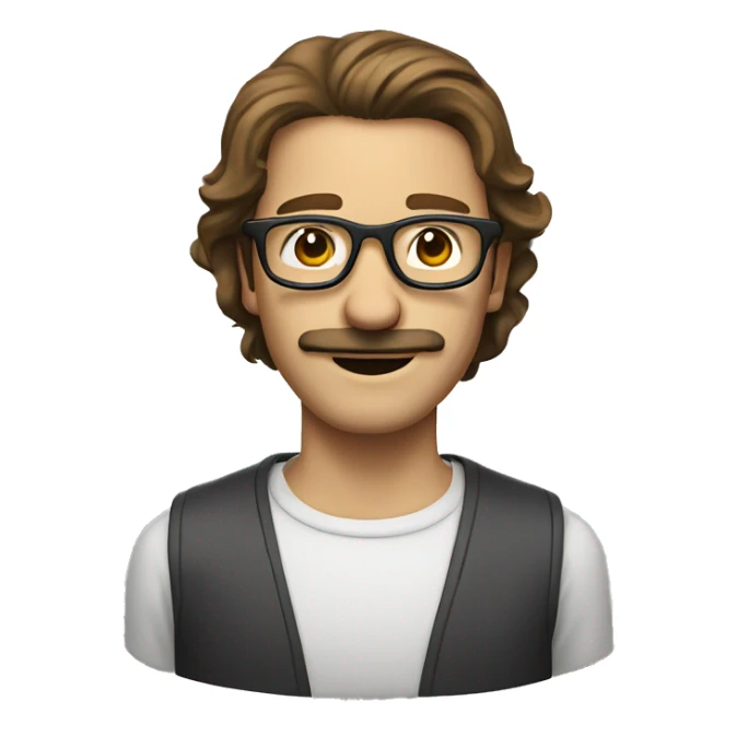 thin guy with shoulder length brown hair and mustache and smile and glasses sticker