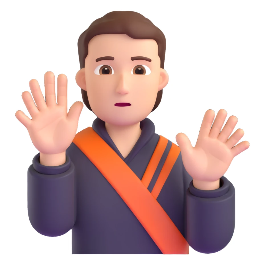 person with one hand out, serious expression, signaling stop sticker
