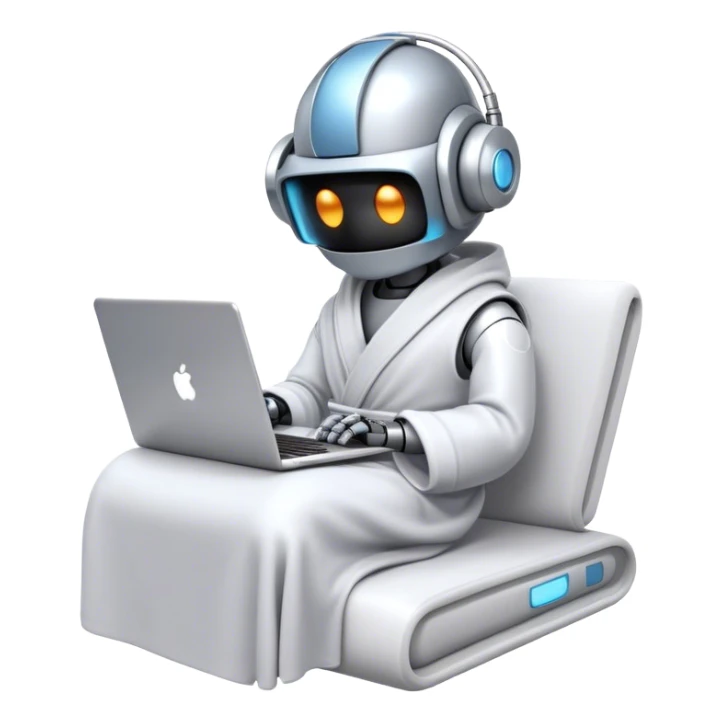 Emoji of a remote-working robot in a cozy bathrobe with a laptop. The robot has a sleek helmet-like head with glowing digital eyes. Relaxed yet high-tech vibe. sticker