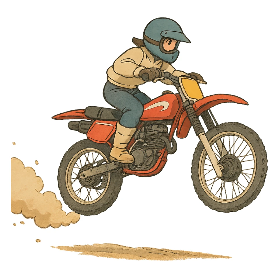 125cc dirtbike, jumping, with dust trail, ghibli style sticker