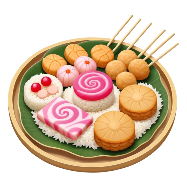A combination of fish cake with pink swirl (narutomaki), rice cracker (senbei), and dango on a stick arranged together as a Japanese food plate sticker