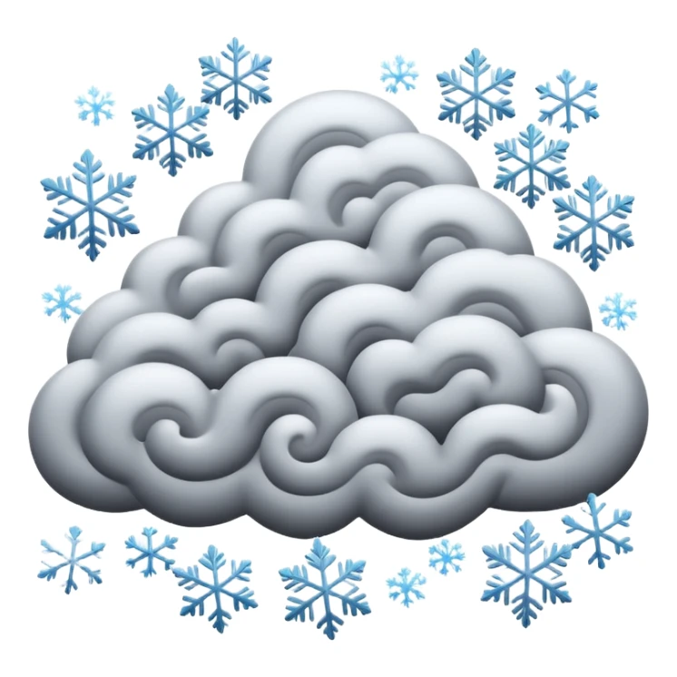 A powerful blizzard emoji icon: storm cloud with heavy swirling snow, strong wind lines, flying snowflakes, dynamic motion. White and gray tones, 2D emoji style, bold but simple shapes. sticker