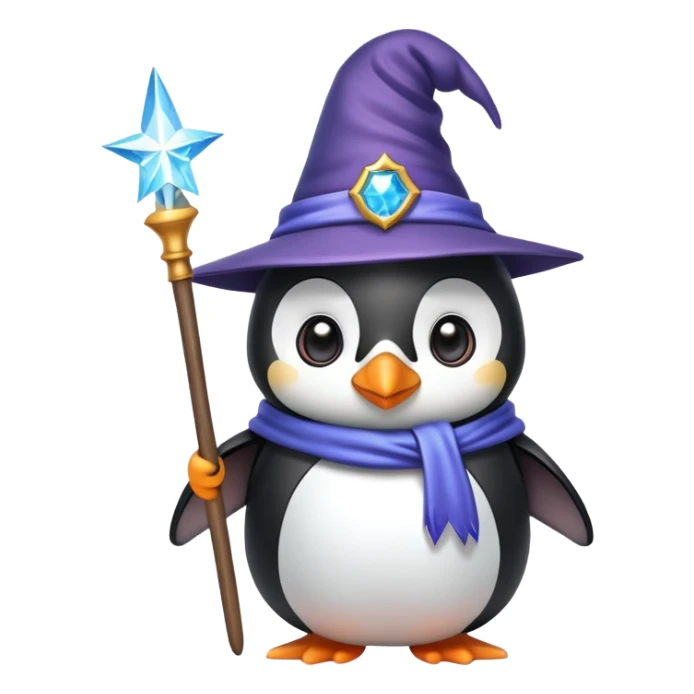 A cute penguin wearing a wizard hat and holding a magic wand sticker