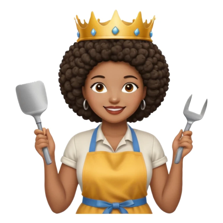 Mujer curvy afro, con vestimenta cómoda y delantal,con una corona sobre su cabeza y sonrisa contagiosa. En la mano herramientas de trabajo pesado sticker