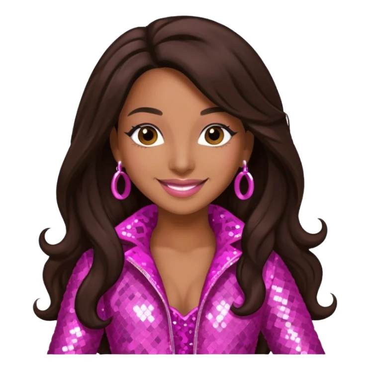 Mya, R&B Singer with dark brown long hair, pink sequin outfit sticker