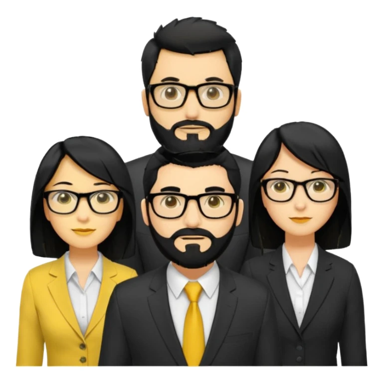 A work group avatar.Layout: two men (middle), two women (sides). Left woman: yellow skin, long black hair, glasses. Middle-left man: yellow skin, short black hair, thick black beard, shirt. Middle-right man: yellow skin, short black hair, no beard, suit. Right woman: yellow skin, long black hair.  sticker