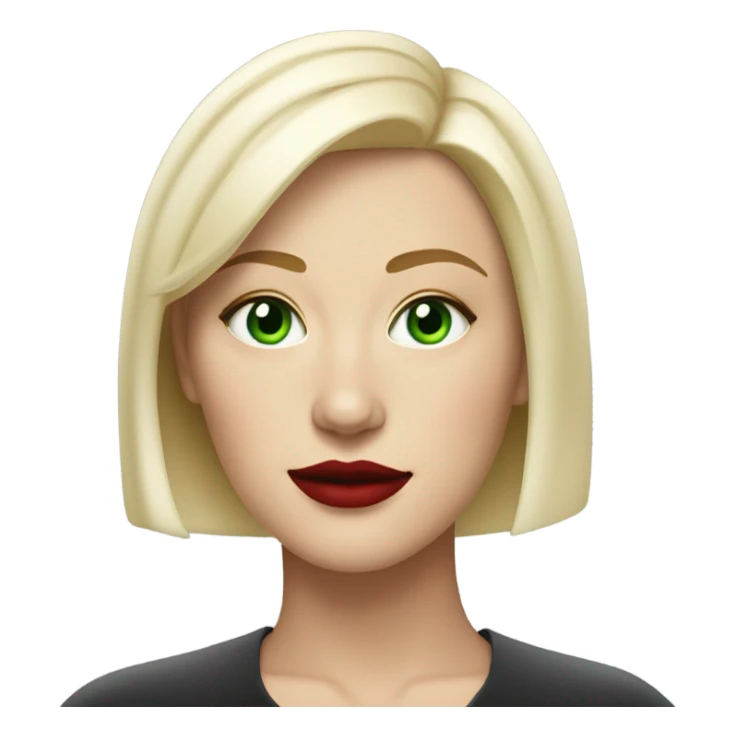 A strong white blonde woman with a medium asymmetrical haircut, green eyes, a mole underneath her rub red lips sticker