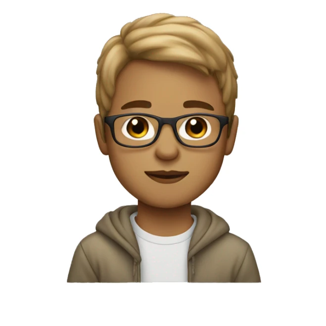 boy with light brown hair, light skin and bangs ans glasses wearing a sweatshirt sticker