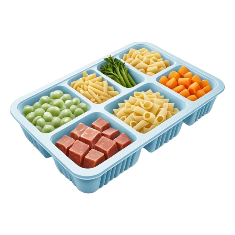 rectangular frozen food tray with 2-3 compartments, each with different frozen items pasta vegetables meat, frosty surfaces with visible ice crystals, muted colors, firm uncooked texture, dark simple tray, no branding, no utensils, no packaging, soft lighting, subtle shadows, emoji scale sticker