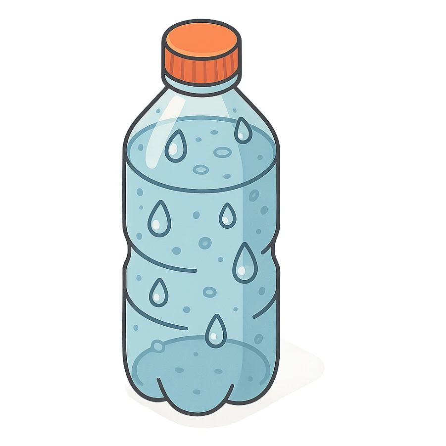 bottle of water with drops on surface, 2D isometric style, highly detailed drawing, shadows and highlights, clean contours, soft lighting, transparent background sticker