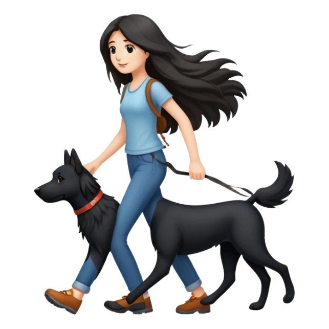 A long-haired girl walking a black dog sticker