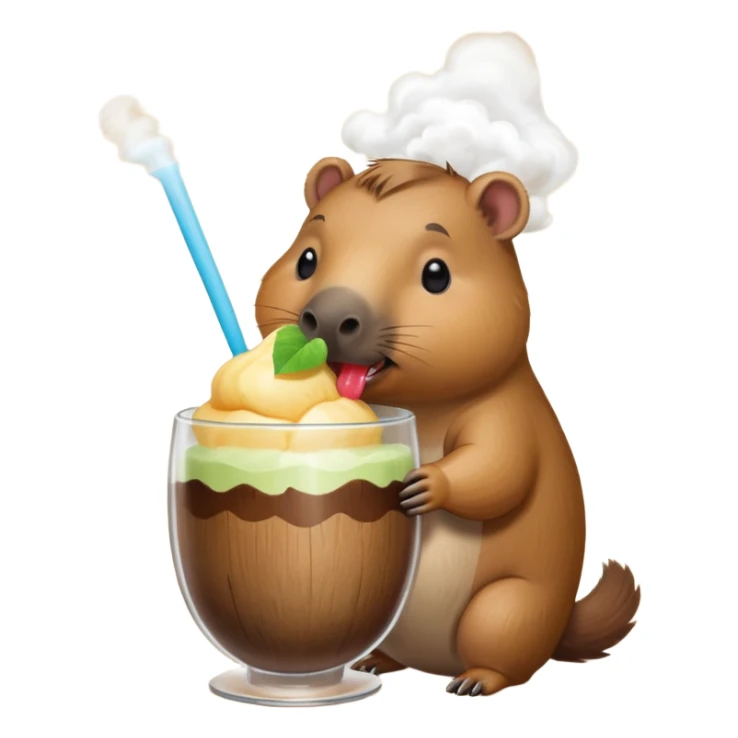 A capybara drinking from a sorbet that is inside a wooden glass and smoke comes out sticker