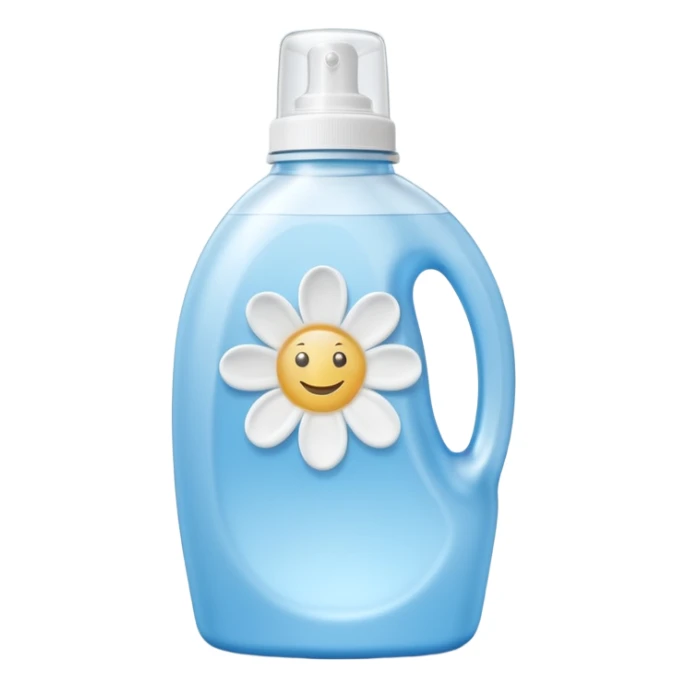 small light blue fabric softener bottle, curved, semi-transparent, rounded flip-top cap, subtle flower or droplet symbol, no text, 3D-rendered, minimal, realistic, soft shadows, natural light, no faces, no fabric, transparent background, emoji scale sticker
