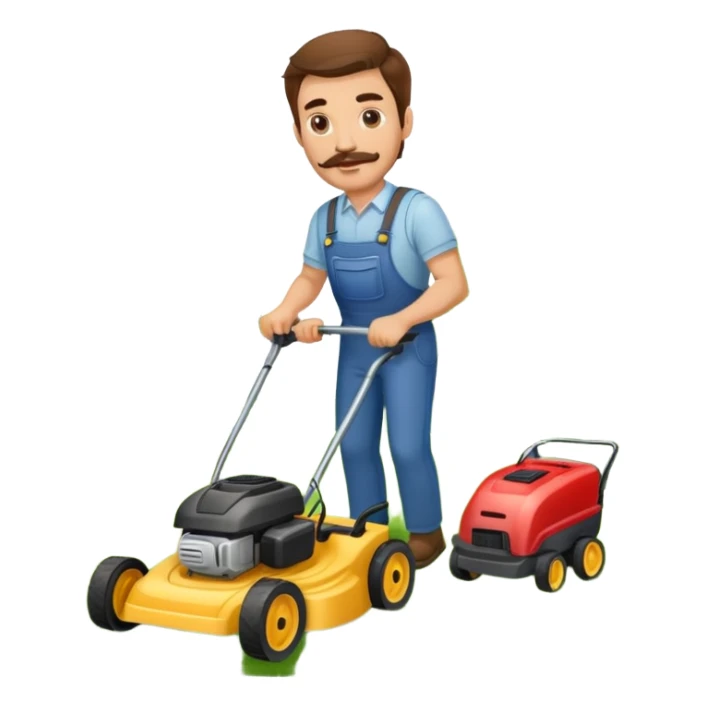 Man with brown hair and brown mustache mowing sticker