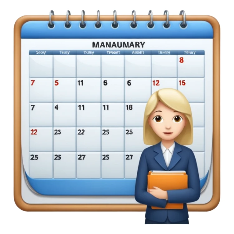  A person standing behind a large calendar or planner, representing scheduling or appointment management. sticker