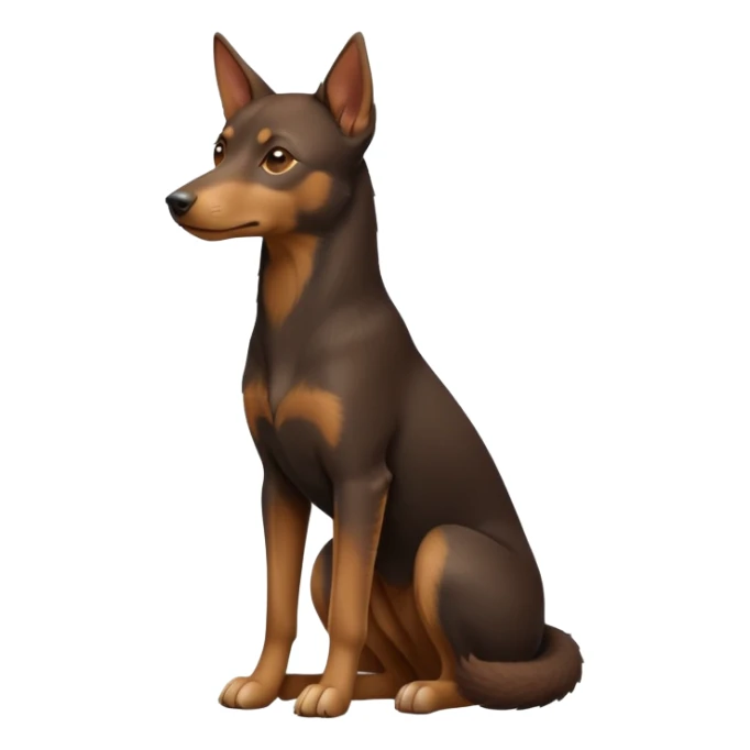 cinematic-[australian kelpie]-realistic-full-body-sitting-emoji,-tail-resting-loosely-beside-its-paws,-head-tilted-dramatically, -sleek-[Brown and tan]-fur,-simplified-yet-realistic-focused-features,-highly-detailed,-glowing-with-an-almost-sarcastic-glow sticker