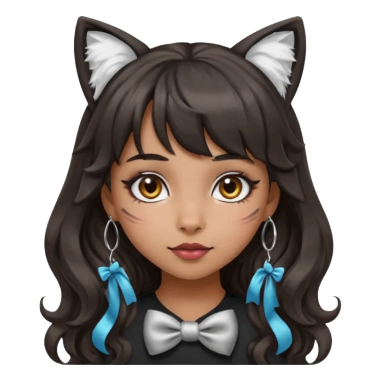 Remove the apple from the collar completely. Keep the bow or paw print, silver O-ring, bangs, bold makeup, medium Hispanic skin tone, long dark wavy hair, and cat ears in apple emoji style. sticker