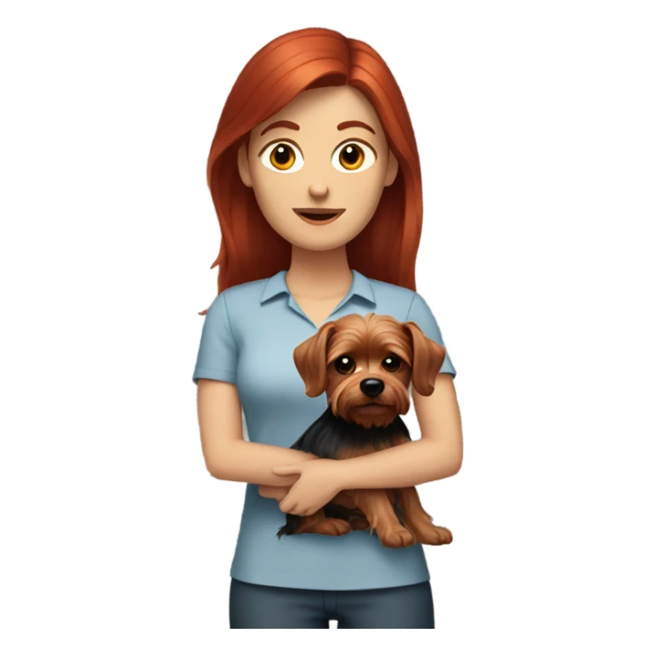 white woman with the dark red hair holding a yorkie sticker
