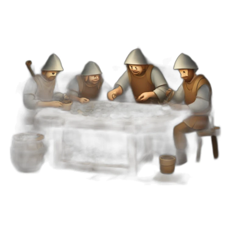 inside of a medieval mint showing different people working creating coins with a furnace sticker