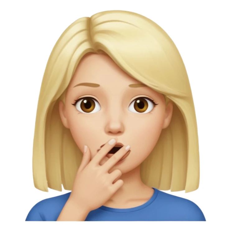 woman with blonde hair and hand over mouth sticker