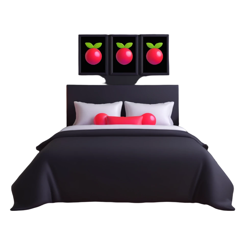 dark bedroom with black walls, black bed frame with black sheets, framed paintings of magic 8 balls and cherries, black nightstand with red LED lights sticker
