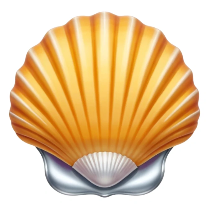 A seashell emoji made of polished silver chrome, smooth curved surface, reflective metallic highlights, elegant minimal design, iOS emoji style, centered, clean white background, soft lighting sticker
