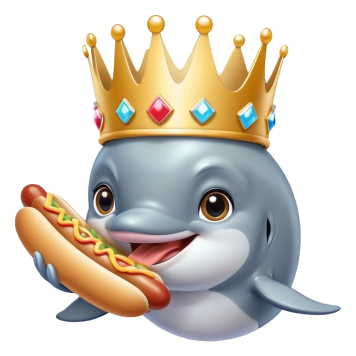 Dolphin wearing a sparkly crown long lashes with big eyes and lashes eating hot dogs Japanese sticker
