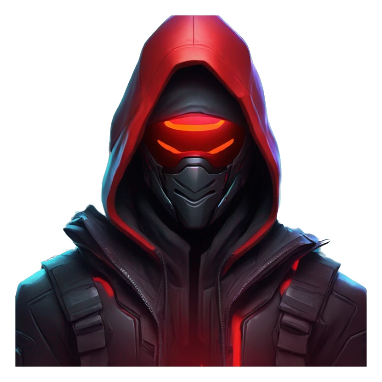 developer behind his laptop with this style : crysis Cyberpunk Valorant neon glowing bright red character dark red black hooded assassin themed character sticker
