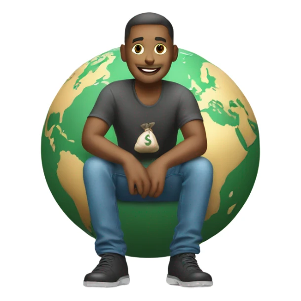 man sitting on earth globe with bag of money sticker