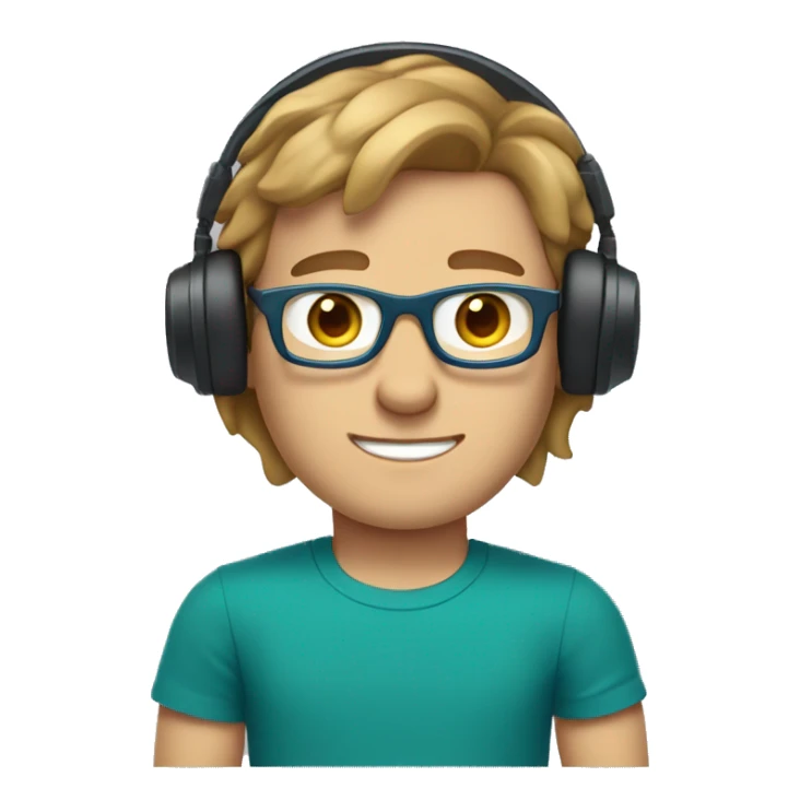 white young man light brown hair square glasses blue eyes wearing green t-shirt with laptop and headphones sticker