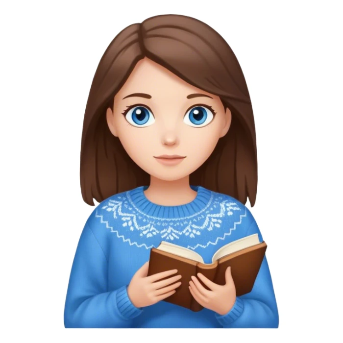 White girl brunette with blue eyes in a cozy sweater holding a book sticker