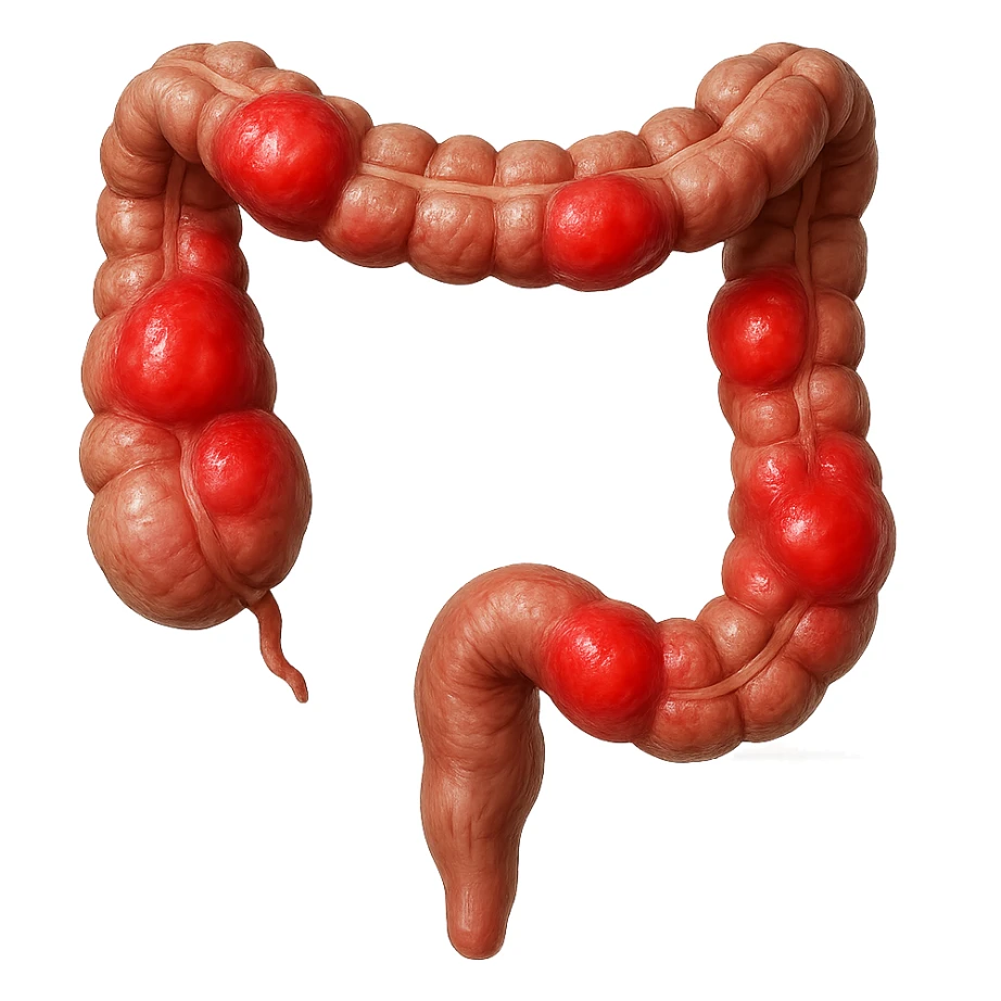 realistic human intestine, inflamed with red swollen areas, 3D effect, isolated on white background sticker