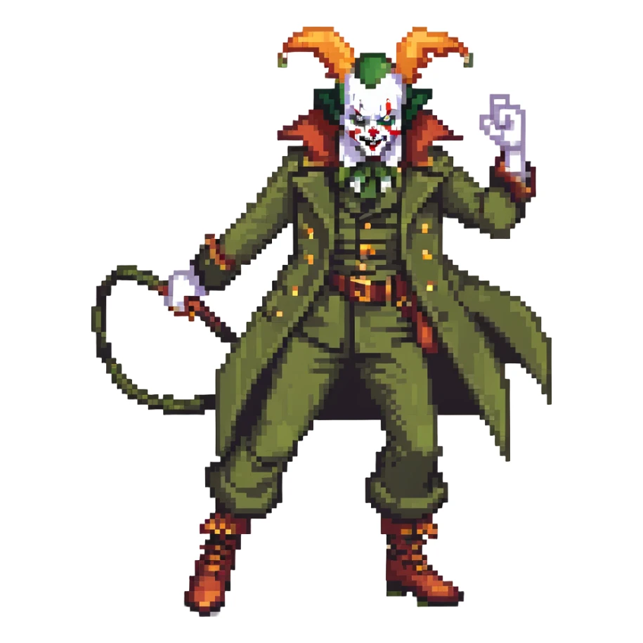 evil clown soldier, bald, small black horns on forehead, fangs, pointed ears, eye patch over one eye, long coat over black and military green clothes with bellbottom pants, tail, holding a different style of whip, realistically proportioned, less bulky, full body, fighting stance sticker