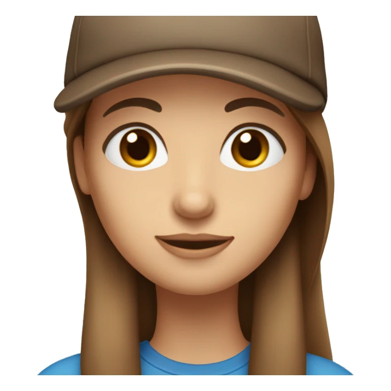 lady with blue eyes and brown long straight hair and a cap sticker