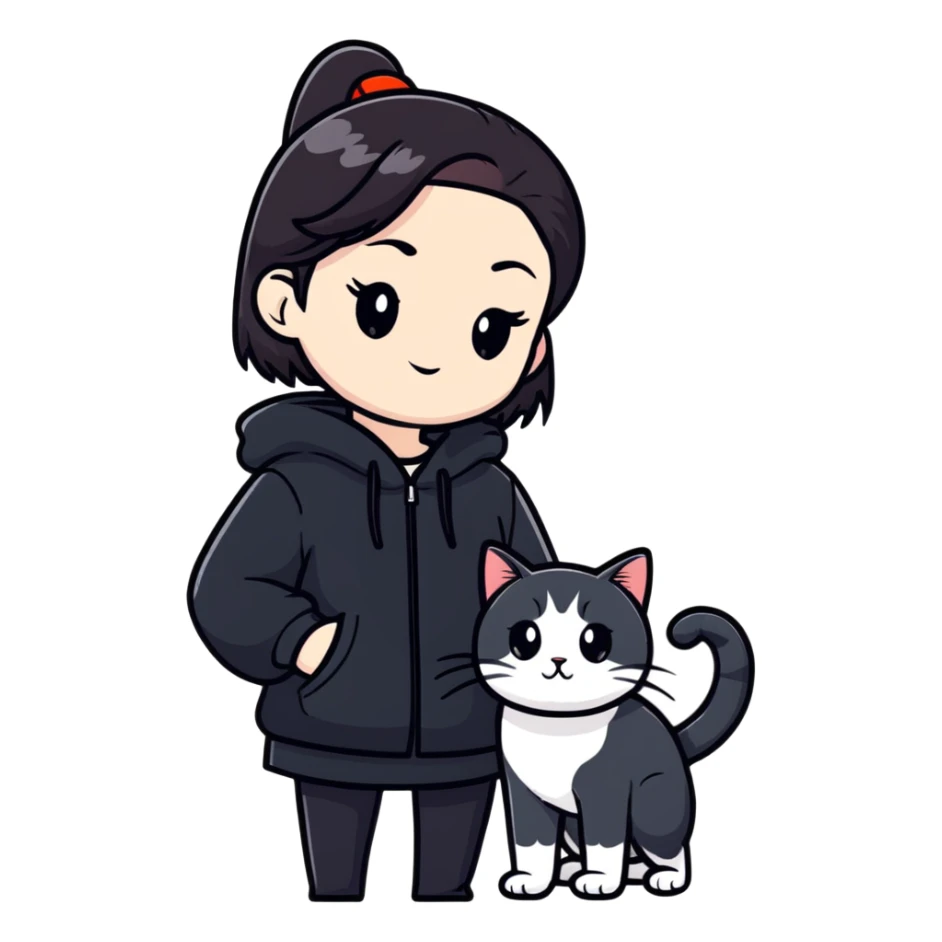 Young woman in black clothes with a Chinese domestic cat sticker