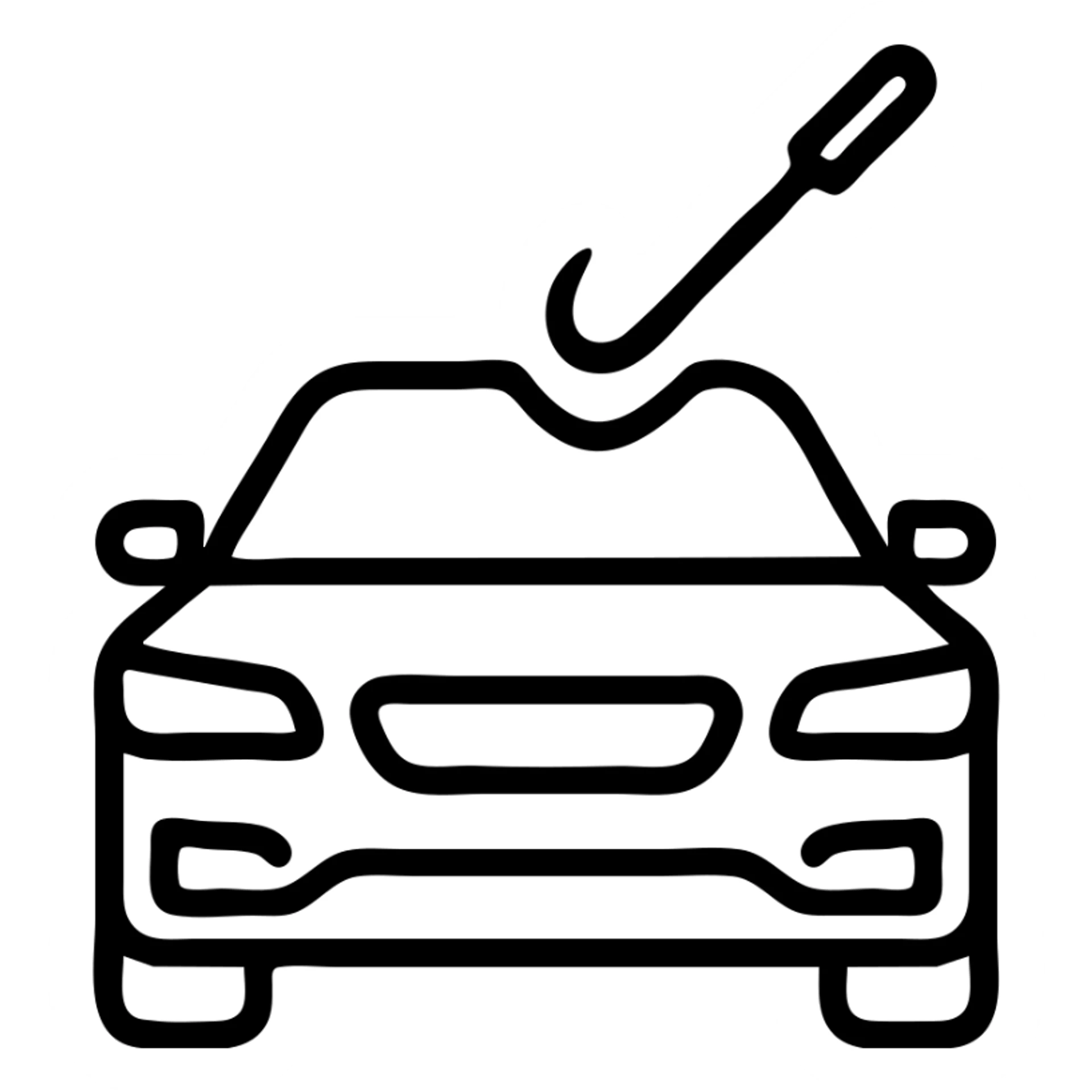 outlined icon of a premium black car, subtle hook tool at a dent, matte black look, fine silver lines, simple and clean sticker