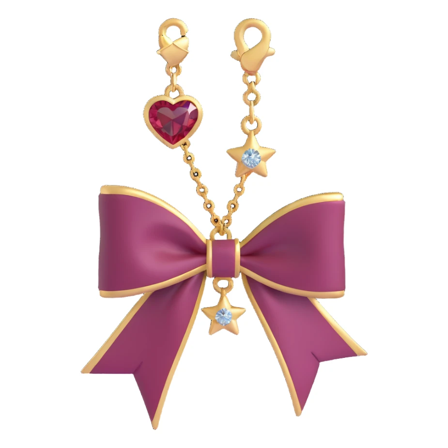 Add a tiny dangling heart charm, a delicate chain, and a small star pin to the 3D burgundy bow with gold trim and sparkling jewel. Keep the 3D emoji style exactly as is, with no background. sticker